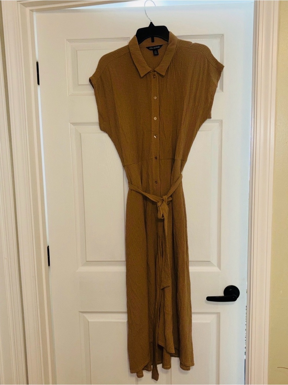 Nina Leonard Camel Button-Front Tie-Waist Maxi Dress
